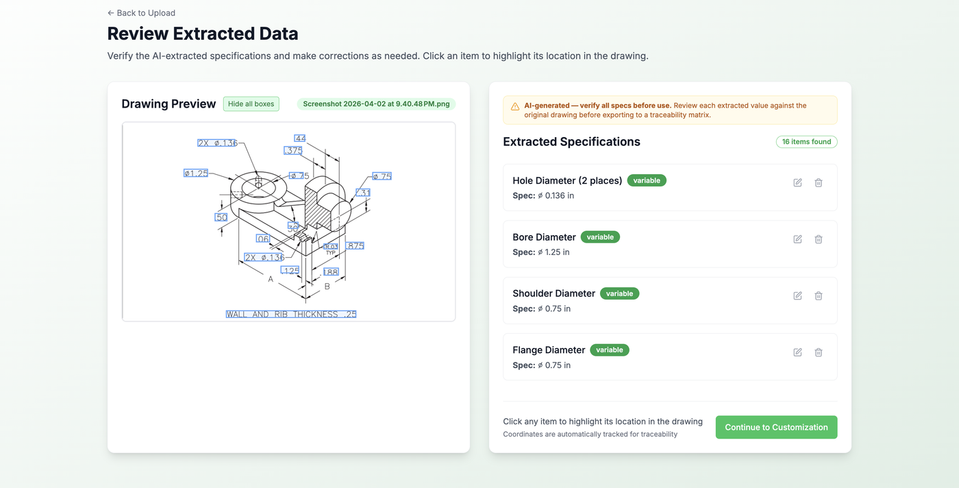 AI-extracted specifications with drawing preview